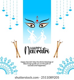 Navratri Greeting Card Fundo azul, Deusa Durgas olhos dançarinos dandiya varas e diya lâmpadas