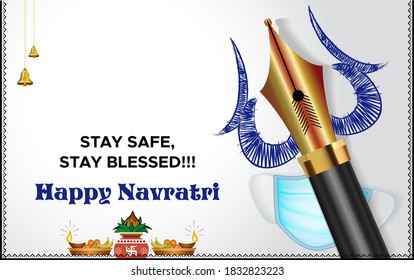 Navratri idea concept creative with mask trisul writing pen typography Durga Puja Festival celebration of India and colorful decoration