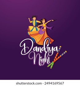 Navratri, illustration of couple dancing for Garba Night and dandiya dance party celebration poster or banner design, background and text message Wishing You All A Very Happy Navratri.