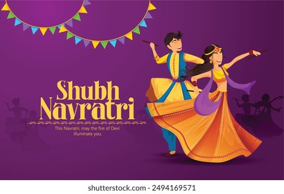 Navratri, illustration of couple dancing for Garba Night and dandiya dance party celebration poster or banner design, background and text message Wishing You All A Very Happy Navratri.