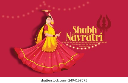 Navratri, illustration of couple dancing for Garba Night and dandiya dance party celebration poster or banner design, background and text message Wishing You All A Very Happy Navratri.