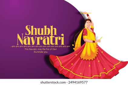 Navratri, illustration of couple dancing for Garba Night and dandiya dance party celebration poster or banner design, background and text message Wishing You All A Very Happy Navratri.