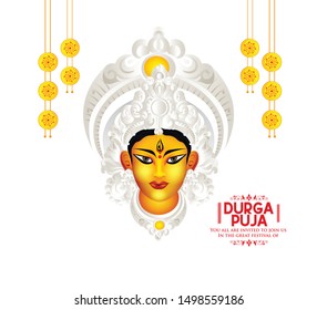 Navratri illustration of Maa Durga in Happy Durga Puja durga face with background