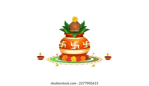 Navratri Kalash sthapana and Puja. Indian Hindu traditional mangal Kalash of god and goddess worship. Decorated Kalash pot with coconut and flowers. 3d realistic vector illustration