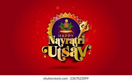 Navratri Kalash sthapna and puja. Indian hindu festival concept. Happy Navratri utsav 3d vector typography on red background.