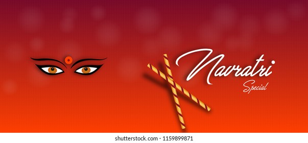 Navratri sale banner design and vector illustration with ma durga face illustration and dandiya.