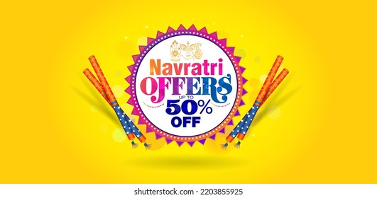Navratri sale offer banner design. Indian hindu festival background of Durga Puja and dandiya night. svg