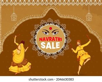 Navratri Sale Poster Design With Indian Couple Playing Dandiya In Traditional Attire On Brown Background.