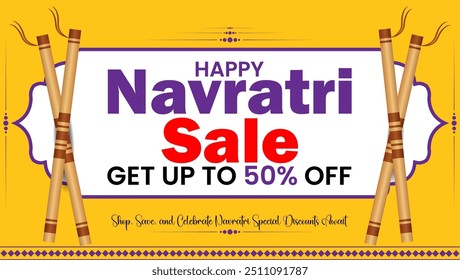 Navratri Venta Fondo amarillo dandiya sticks y texto que ofrece hasta un 50 por ciento de descuento