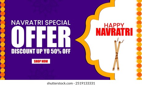 Navratri Special banner features large white OFFER  Subheadline  DISCOUNT UP TO 50Percentage  OFF Includes a SHOP NOW button purple background orange and yellow marigold garlands at the top two  stick