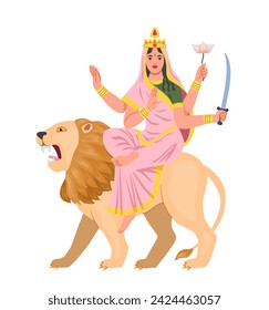 Navratri woman concept. Traditional indian goddess. Social media sticker. Religion holiday and festival. Young girl at lion. Cartoon flat vector illustration isolated on white background