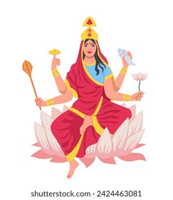 Navratri woman concept. Traditional indian goddess. Goddess with hands. Religion holiday and festival. Young girl at lotus flower. Cartoon flat vector illustration isolated on white background