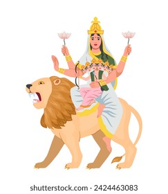 Navratri woman concept. Traditional indian goddess. Sticker for social networks. Religion holiday and festival. Young girl at lion. Cartoon flat vector illustration isolated on white background