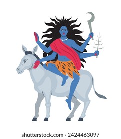 Navratri woman concept. Traditional indian goddess. Goddess with hands. Religion holiday and festival. Blue girl at grey pony. Cartoon flat vector illustration isolated on white background