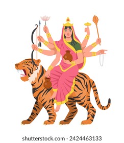 Navratri woman concept. Traditional indian goddess. Poster or banner. Religion holiday and festival. Young girl at tiger. Cartoon flat vector illustration isolated on white background