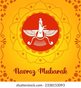 Navroz Mubarak. Parsi Neujahr Vektor Gruß mit zoroastrischem Symbol. Vektorgruß, Poster, Karte.