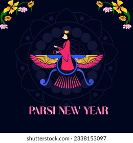 Navroz mubarak. Parsi New Year vector greeting with zoroastrian symbol. Vector greeting, poster, card.