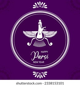 Navroz mubarak. Parsi New Year vector greeting with zoroastrian symbol. Vector greeting, poster, card.