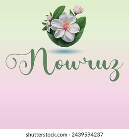 Navruz holiday, Beautiful inscription Navruz, Tulip flowers, calligraphic text, March, holiday card, background, gradient, soft colors