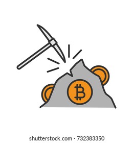 Navvy pick with bitcoin sign color icon. Cryptocurrency mining. Pickaxe. Isolated vector illustration