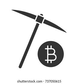 Navvy pick with bitcoin sign glyph icon. Cryptocurrency mining. Silhouette symbol. Negative space. Vector isolated illustration