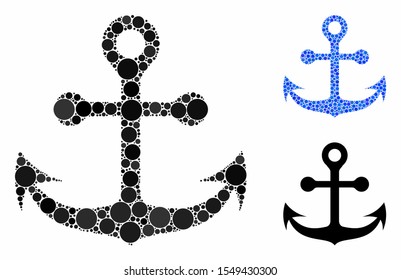 Navy anchor composition of filled circles in variable sizes and shades, based on navy anchor icon. Vector small circles are grouped into blue composition.