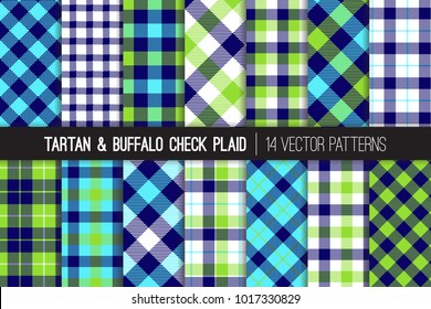 Navy, Aqua Blue and Lime Green Tartan and Buffalo Check Plaid Vector Patterns. Hipster Lumberjack Flannel Shirt Fabric Textures. Pattern Tile Swatches Included.