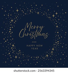 Navy background with gold stars and place for text. Holiday celebration design for greeting card, invitation, poster, banner, postcard.