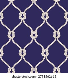 Navy based geometric ivory rope lattice seamless pattern featuring interlocking nautical knots arranged in a refined diamond repeat. This classic maritime-inspired design combines luxury coastal style with clean geometric structure, making it ideal for textiles, wallpaper, packaging, stationery, and nautical-themed projects. The neutral taupe rope on a navy background creates a sophisticated and versatile decorative surface pattern suitable for both fashion and interior applications.
