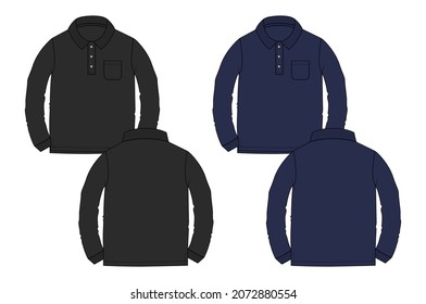 Navy And Black Color Long Sleeve  Polo Shirt With Pocket Technical Fashion Flat Sketch Vector Illustration Template Front, Back View Isolated On White Back. Men's Fashion Polo T Shirt Mock Up CAD