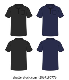 Navy and black Color  Polo Shirt With pocket Technical Fashion Flat Sketch vector illustration template front and back view isolated on white background. Men's fashion polo t shirt mock up CAD.