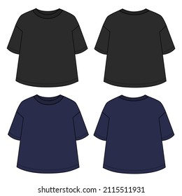 Navy, Black Color Relax Fit Short Sleeve T-Shirt Overall Technical Fashion Flat Sketch Vector Template For Women's. Apparel Design Blank T Shirt Mock Up Front, Back Views Isolated On White Background.