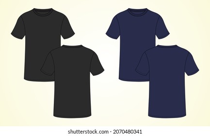 Navy And Black Color T-Shirt Technical Fashion Flat Sketch Vector Illustration Template Front And Back View Isolated On Off White Background. Men's Fashion  T- Shirt Mock Up CAD.