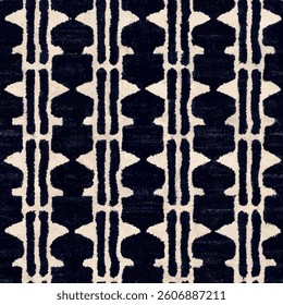 Navy black and white pattern with symmetrical shapes, grunge lines ikat pattern, striped seamless pattern, Vector illustration background for print the paper.