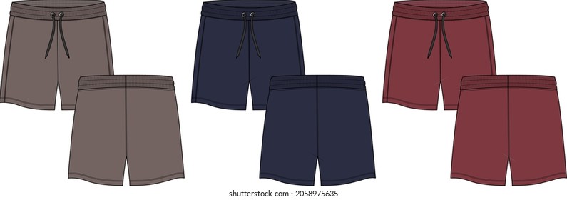 Navy Blu, Rot, Khaki Farbe Boys Sweat Shorts Vektor-Mode-Flachskizze Vorlage. Young Men Technical Drawing Fashion Art Illustration einzeln auf weißem Hintergrund.

