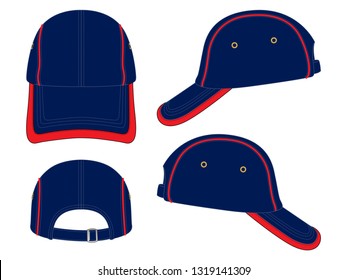 Navy Blue 4-Panel Baseball Cap with Red Piping and Binding Trim Visor, Buckle Closure Design on White Background, Vector File.