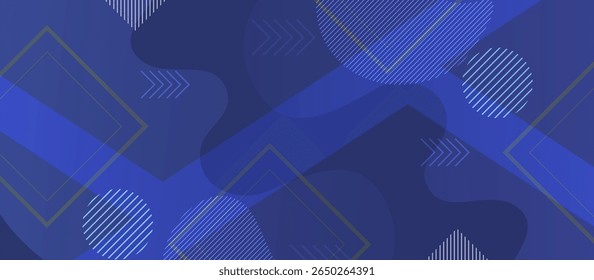 Navy Blue Abstract Background with Fluid Overlapping Shapes and Gold Grid lined Geometric Elements, Dynamic Visual Design Featuring Circles, Squares, and Arrows for Digital Projects