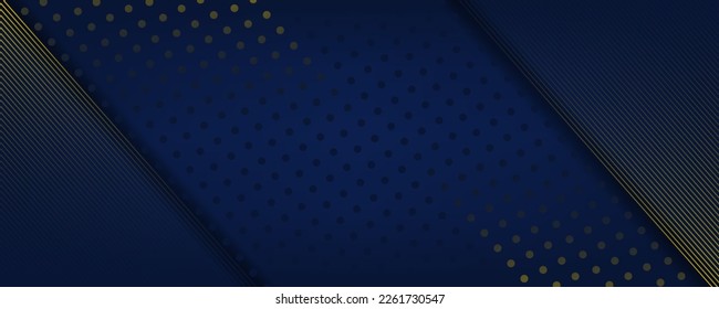 Navy blue abstract background with halftone golden lines delicate pattern. Small light spot box. Curve line, cosmic galaxy space. Festive BG for social media, birthday party invitation.