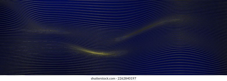 Fondo abstracto de color azul marino con líneas doradas de medio tono delicado patrón. Pequeña caja de foco luminoso. Línea de curva, espacio de galaxia cósmica. BG festivo para medios sociales, invitación de fiesta de cumpleaños.