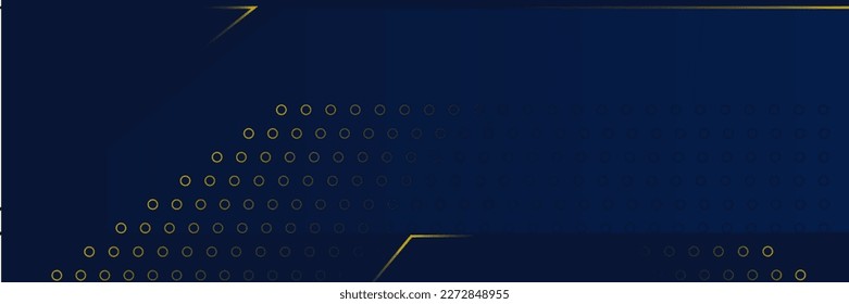 Navy blue abstract background with halftone golden lines delicate pattern. Small light spot box. Curve line, cosmic galaxy space. Festive BG for social media, birthday party invitation.