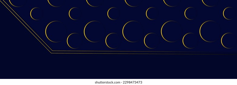 Navy blue abstract background with halftone golden lines delicate pattern. Small light spot box. Curve line, cosmic galaxy space. Festive BG for social media, birthday party invitation.