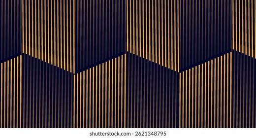 Navy blue abstract background with halftone golden lines delicate pattern. Small light spot box. Curve line, cosmic galaxy space. Festive BG for social media, birthday party invitation.