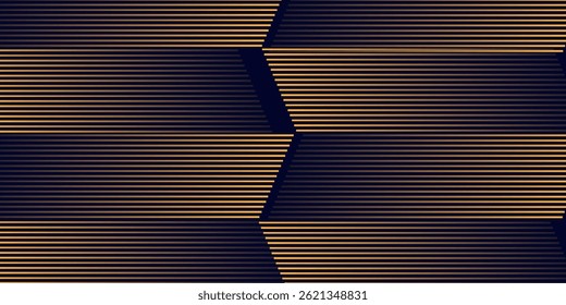 Navy blue abstract background with halftone golden lines delicate pattern. Small light spot box. Curve line, cosmic galaxy space. Festive BG for social media, birthday party invitation.