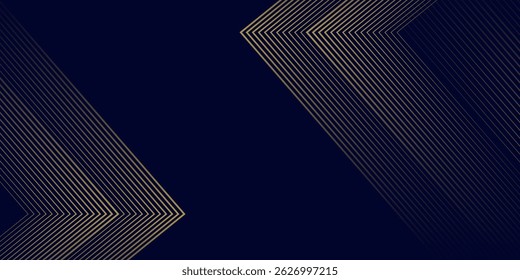 Navy blue abstract background with halftone golden lines delicate pattern. Small light spot box. Curve line, cosmic galaxy space. Festive BG for social media, birthday party invitation.