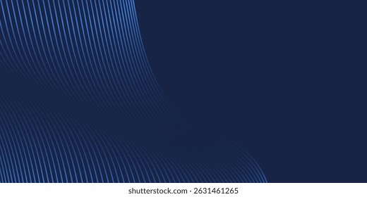 Navy blue abstract background with halftone wavy smooth pattern. Small spot light box. Curve line, cosmic galaxy space. Festive BG for social media, birthday party invitation