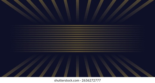 Fundo abstrato azul marinho com padrão delicado de linhas douradas de meio-tom. Pequena caixa de spot de luz. Linha curva, espaço de galáxia cósmica. BG festivo para as redes sociais, convite da festa de aniversário.