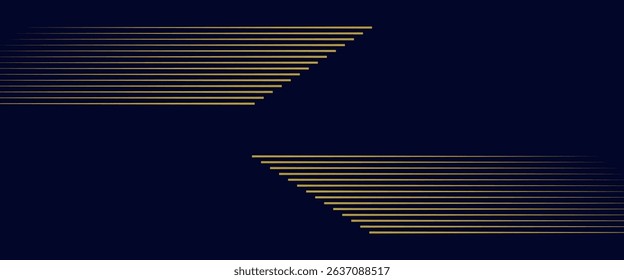 Navy blue abstract background with halftone golden lines delicate pattern. Small light spot box. Curve line, cosmic galaxy space. Festive BG for social media, birthday party invitation.
