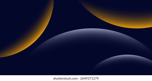 Navy blue abstract background with halftone golden lines delicate pattern. Small light spot box. Curve line, cosmic galaxy space. Festive BG for social media, birthday party invitation.