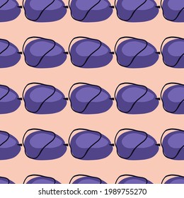 Navy blue abstract contoured plums seamless pattern in doodle style. Pastel pink background. Organic food print. Perfect for fabric design, textile print, wrapping, cover. Vector illustration.