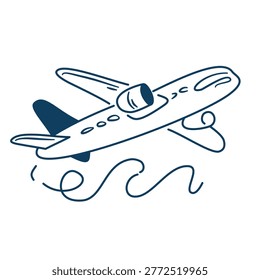 Navy blue airplane flying over waves line art for air travel